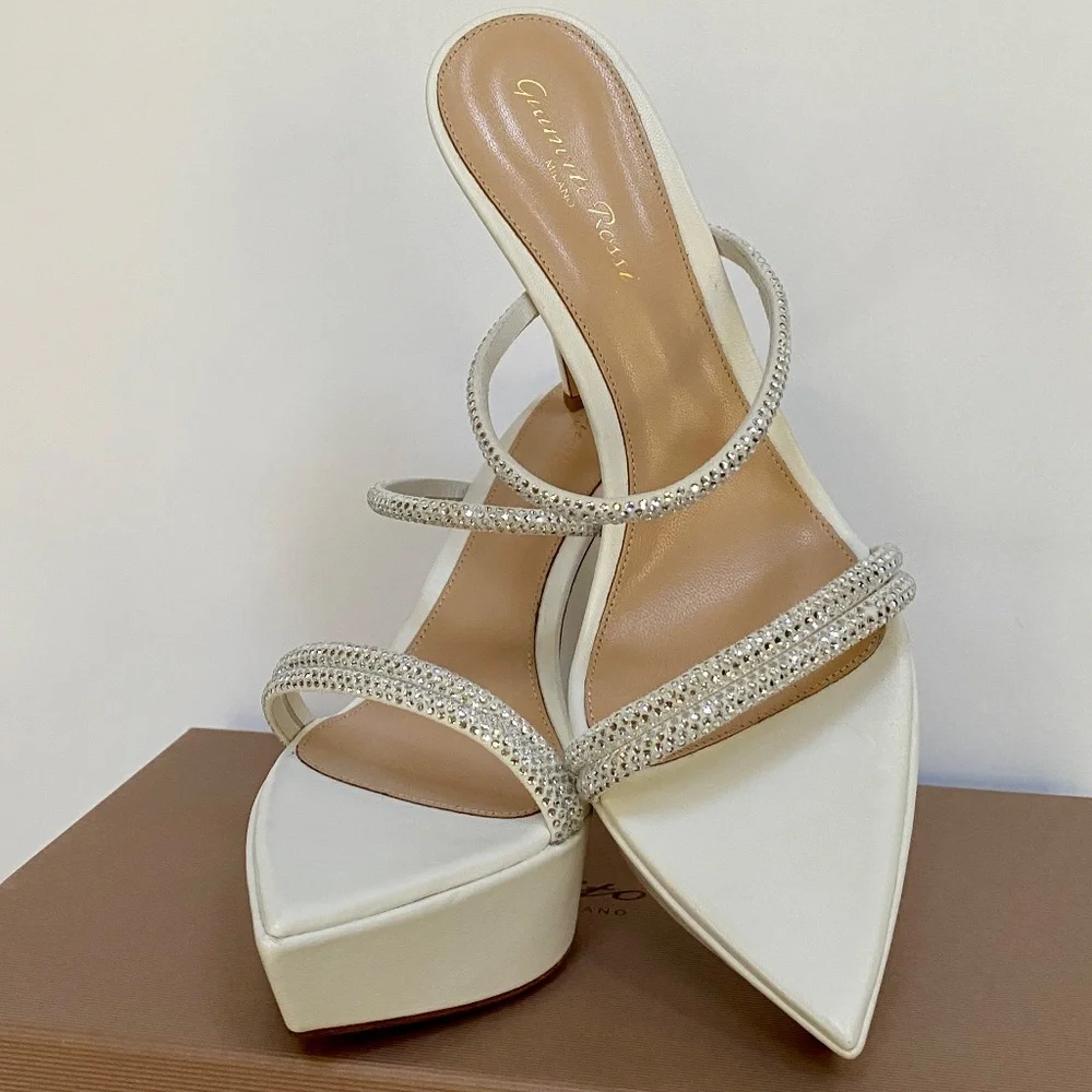 Gianvito Rossi White Cannes Crystal Platform Stiletto Sandals US7